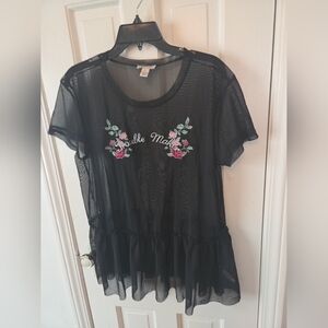 Vintage  Black Sheer Embroidered Blouse Fairy Core  Y2K Whimsigoth X-large